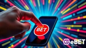 A hand presses a circular red BET button on the mobile phone.