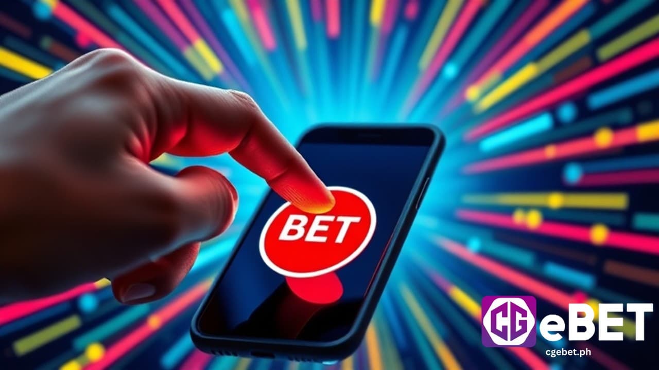 A hand presses a circular red BET button on the mobile phone.